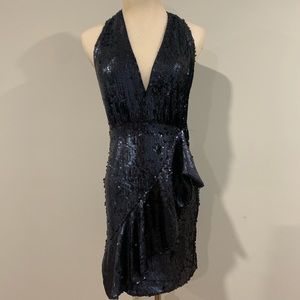 Low neck sequin halter ruffle party dress